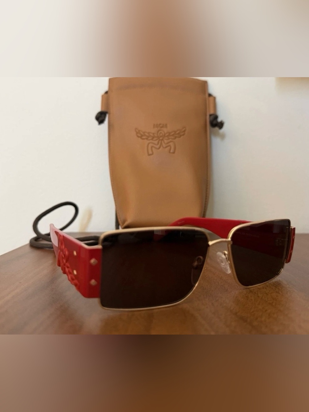 Unisex MCM Rectangular Red Temple Sunglasses with Gold Frame